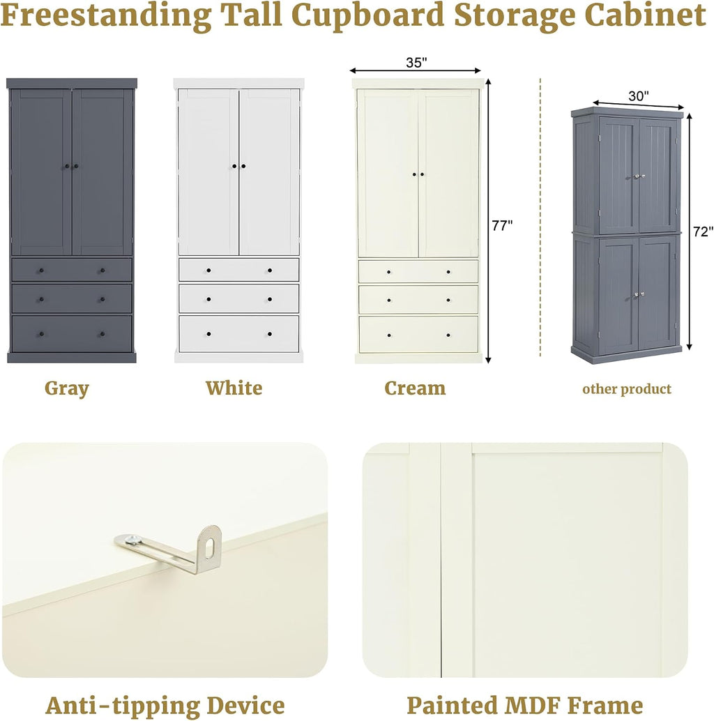 Farmhouse Kitchen Pantry,Extra Large Kitchen Pantry Cabinet, Freestanding Tall Cupboard Storage Cabinet with 3 Adjustable Shelves, 8 Door Shelves, 3 Drawers for Dining Room (Cream)