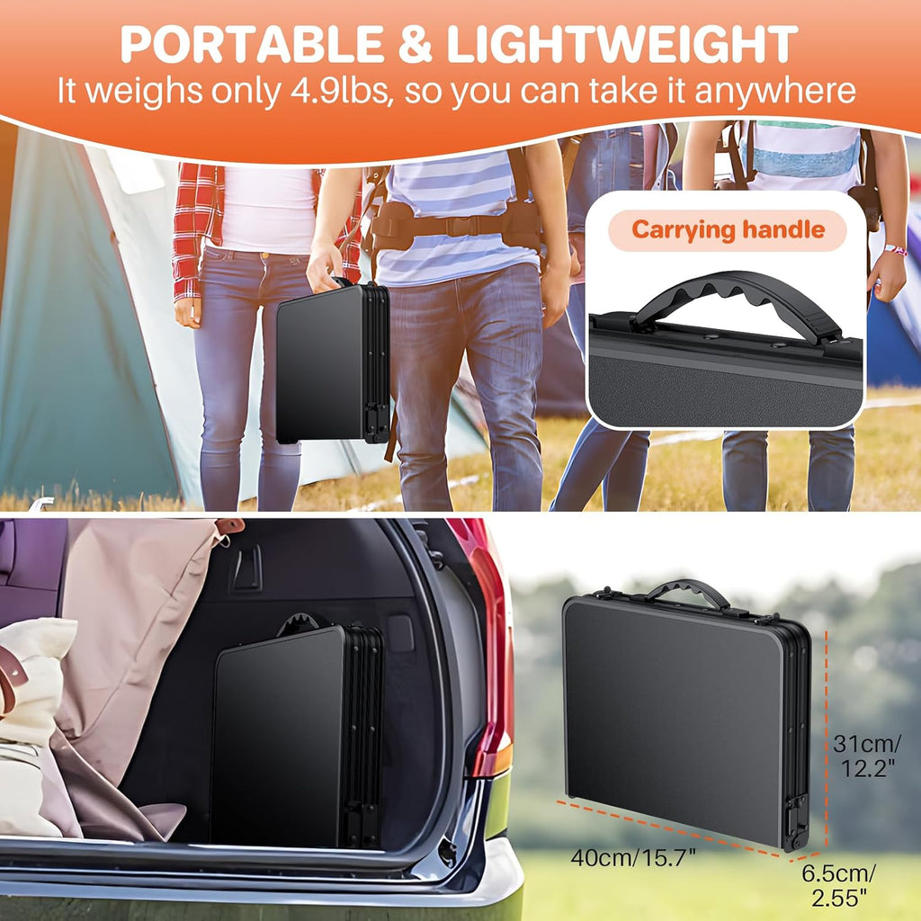 FUNYKICH Camping Table with Waterproof Plastic Tabletop 22.8''x15.7'', 3 Height Adjustable Small Folding Table, Lightweight Portable Picnic Table with Carry Handle for Picnic Beach Travel,Black Silver