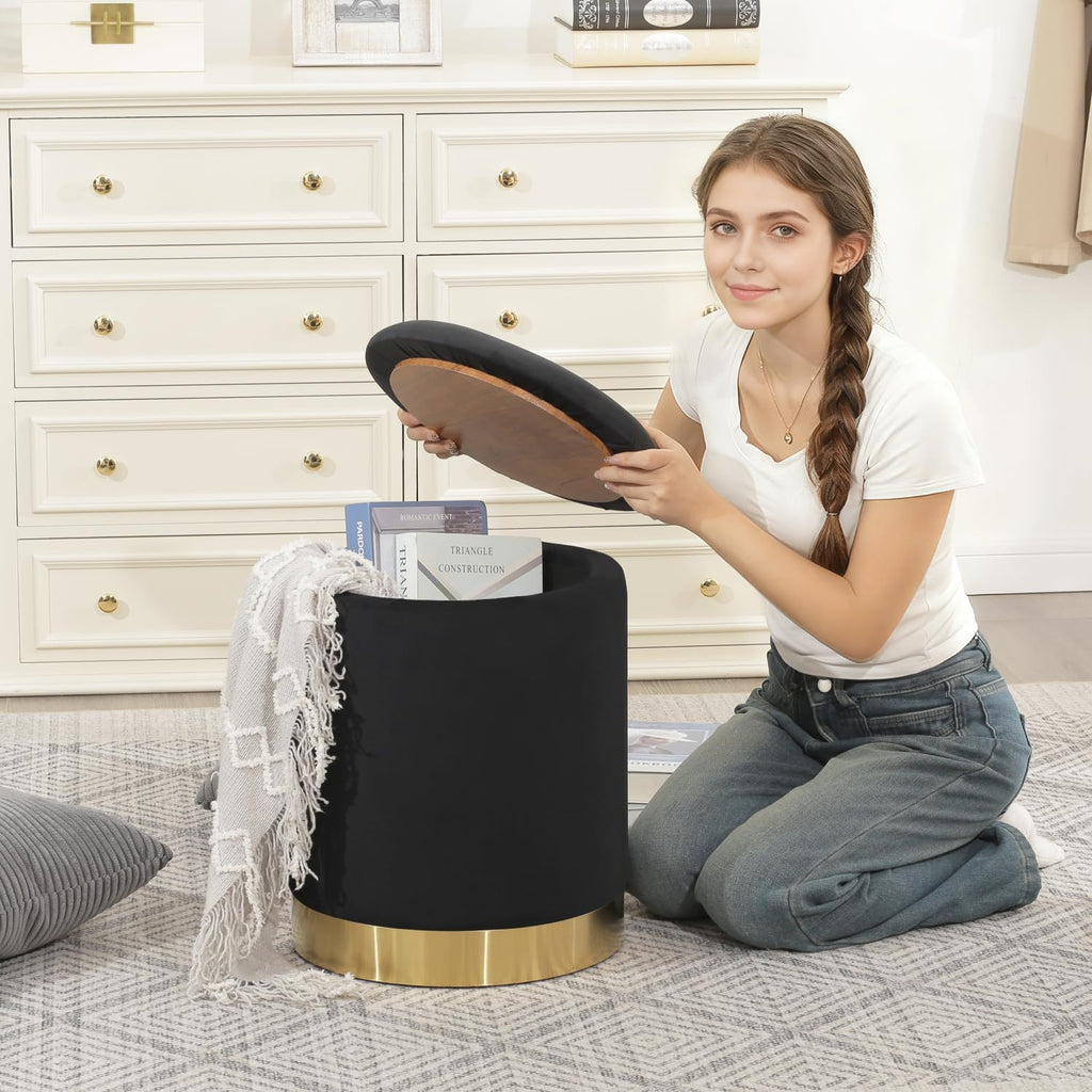 Joveco Round Velvet Storage Ottoman with Reversible Lid Tray & Gold Metal Legs, 17" Small Footrest Stool for Living Room, Bedroom & Dorm, Modern Accent Vanity Chair