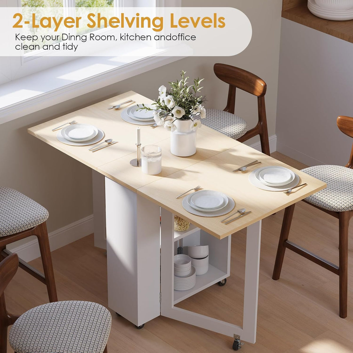 LotFun Folding Dining Table, Space-Saving Dining Table with 6 Rolling Wheels and 2-Tier Storage Shelf, Kitchen Table for Small Spaces