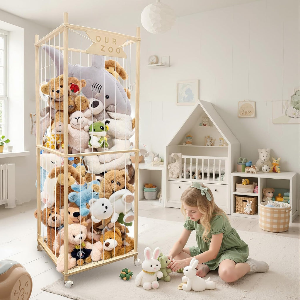 Stuffed Animal Storage Zoo with Wheels, Wooden Large Stuff Animals Plushies Holder, 22.5" D x 22.5" W x 64" H Toy Organizer Storage Cage with Elastic Band and Net for Nursery Playroom Bedroom