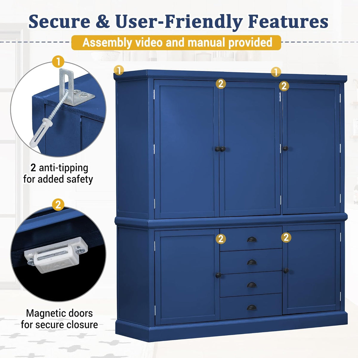 Merax 73''H Freestanding Wooden Kitchen Pantry Storage Cabinet, Organizers with 2 Upper & 2 Bottom Cabinets & 4 Drawers & 8 Adjustable Shelves, Anti-Tipping Device Cupboard for Dining Room, Blue