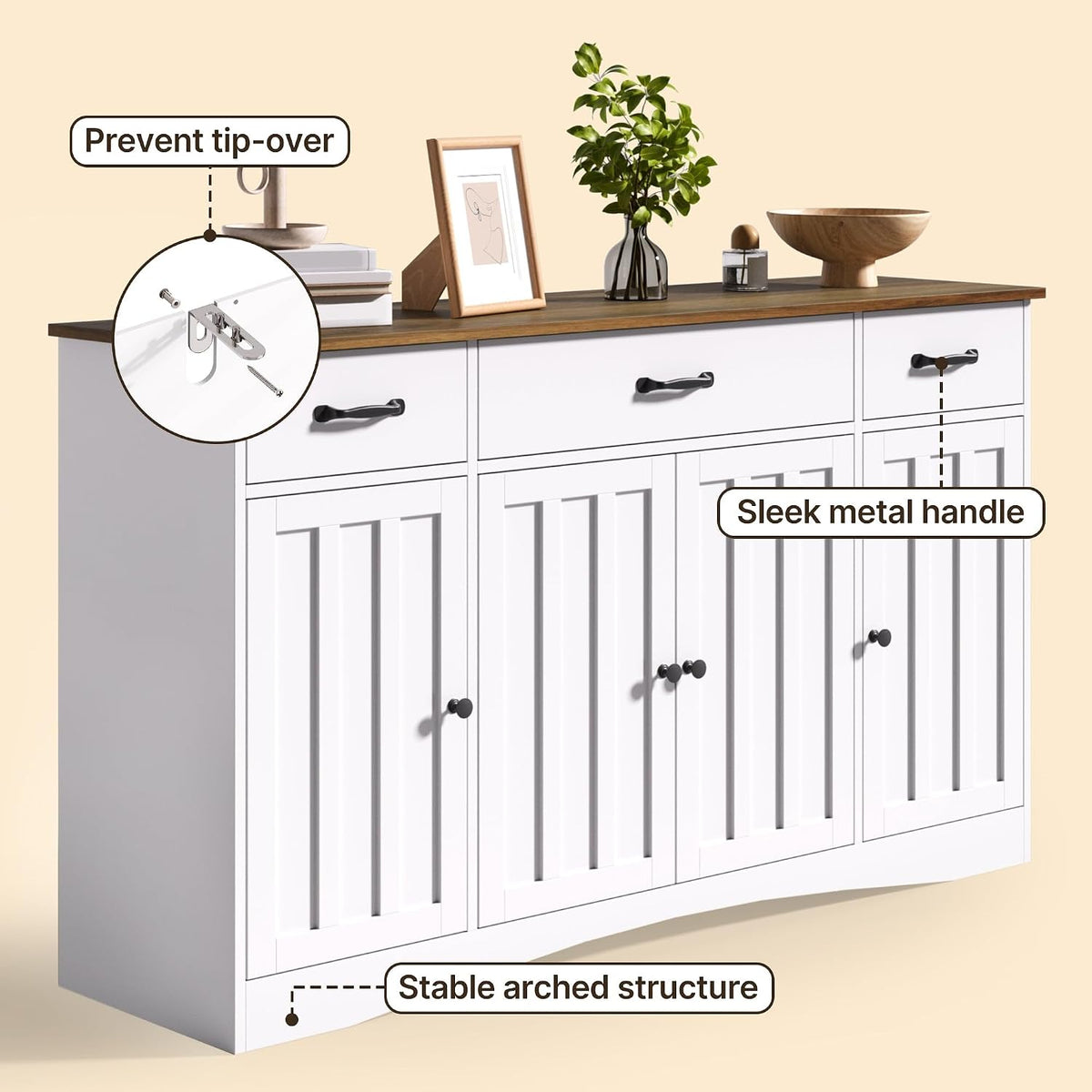 Gizoon Sideboard Buffet Cabinet with Storage, Modern Kitchen Sideboard and Coffee Bar with Drawers and Doors, Wood Buffet Table for Dining Room, 15.2" D x 55.1" W x 31.9" H, White/Rustic Brown
