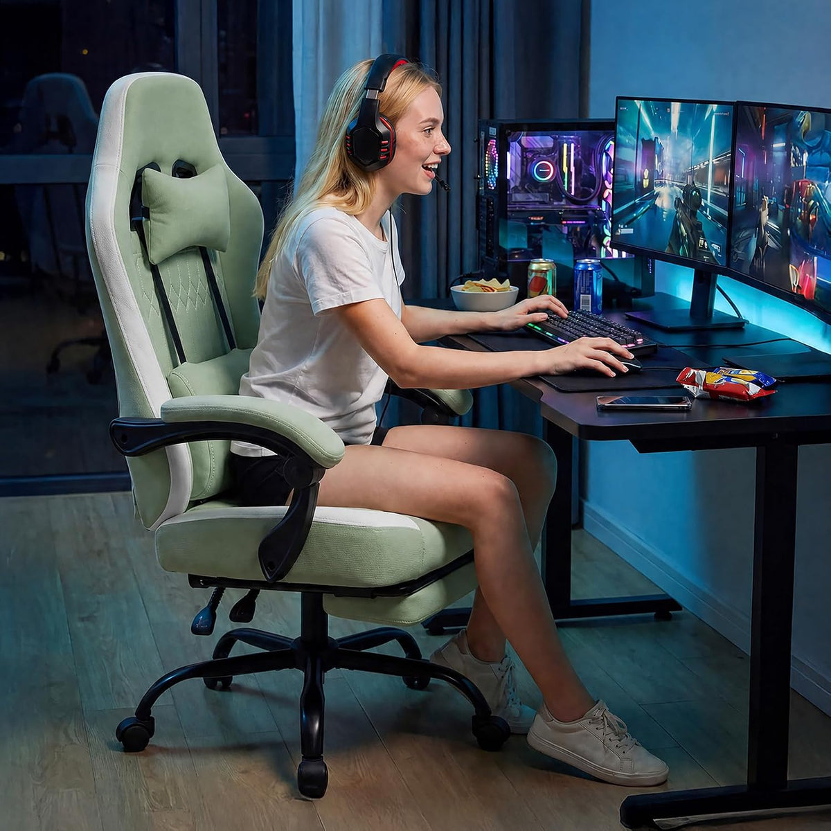 Sweetcrispy Gaming Chair, Ergonomic Computer Desk Chair, Lumbar Support | High Back Ergonomic Footrest, Height Adjustable Linkage Armrests Headrest, 360 Swivel Wheels Fabric, Green
