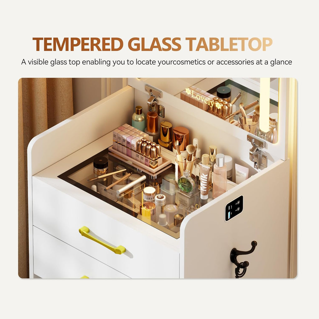 Small Makeup Vanity Desk with Flip up Mirror and Lights(White) | 3 in 1 Vanity Table with Charging Station,Glass Top,3 Drawers,Compact Dressing Table with Wheel Storage Stool for Bedroom