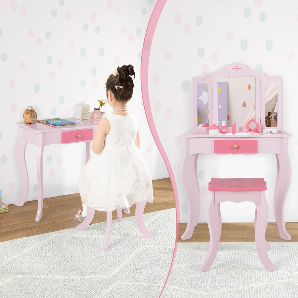 INFANS Kids Vanity, 2 in 1 Wooden Princess Makeup Table and Stool Set with Tri-Folding Detachable Mirror 10 Accessories, Toddler Pretend Beauty Dressing Play for Girls Aged 3+