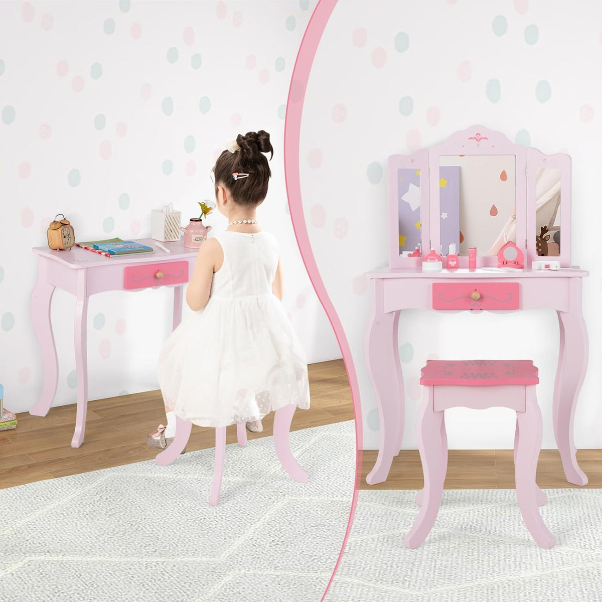 INFANS Kids Vanity, 2 in 1 Wooden Princess Makeup Table and Stool Set with Tri-Folding Detachable Mirror 10 Accessories, Toddler Pretend Beauty Dressing Play for Girls Aged 3+