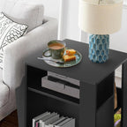 TooCust Rotating End Table with Storage, Square Rotating Side Table Living Room, Side Table with Magazine Holder, Basket and Cabinet, Swivel End Table with Multiple Storage (Black)
