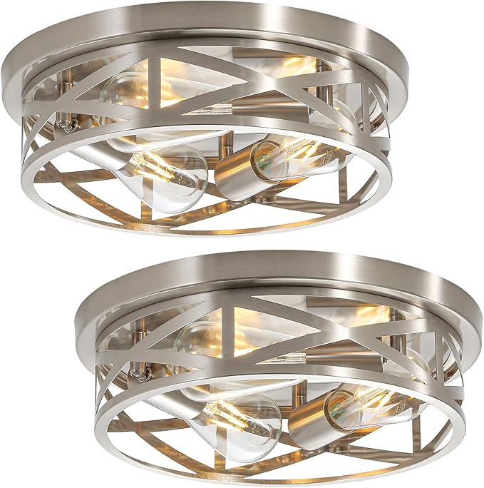 2 Pack Close to Ceiling Light Fixtures, 3-Lights Brushed Nickel Flush Mount Ceiling Light, 13 Inch Indoor Metal Cage Semi Flush Mount Ceiling Light for House Bedroom Laundry Hallway Kitchen