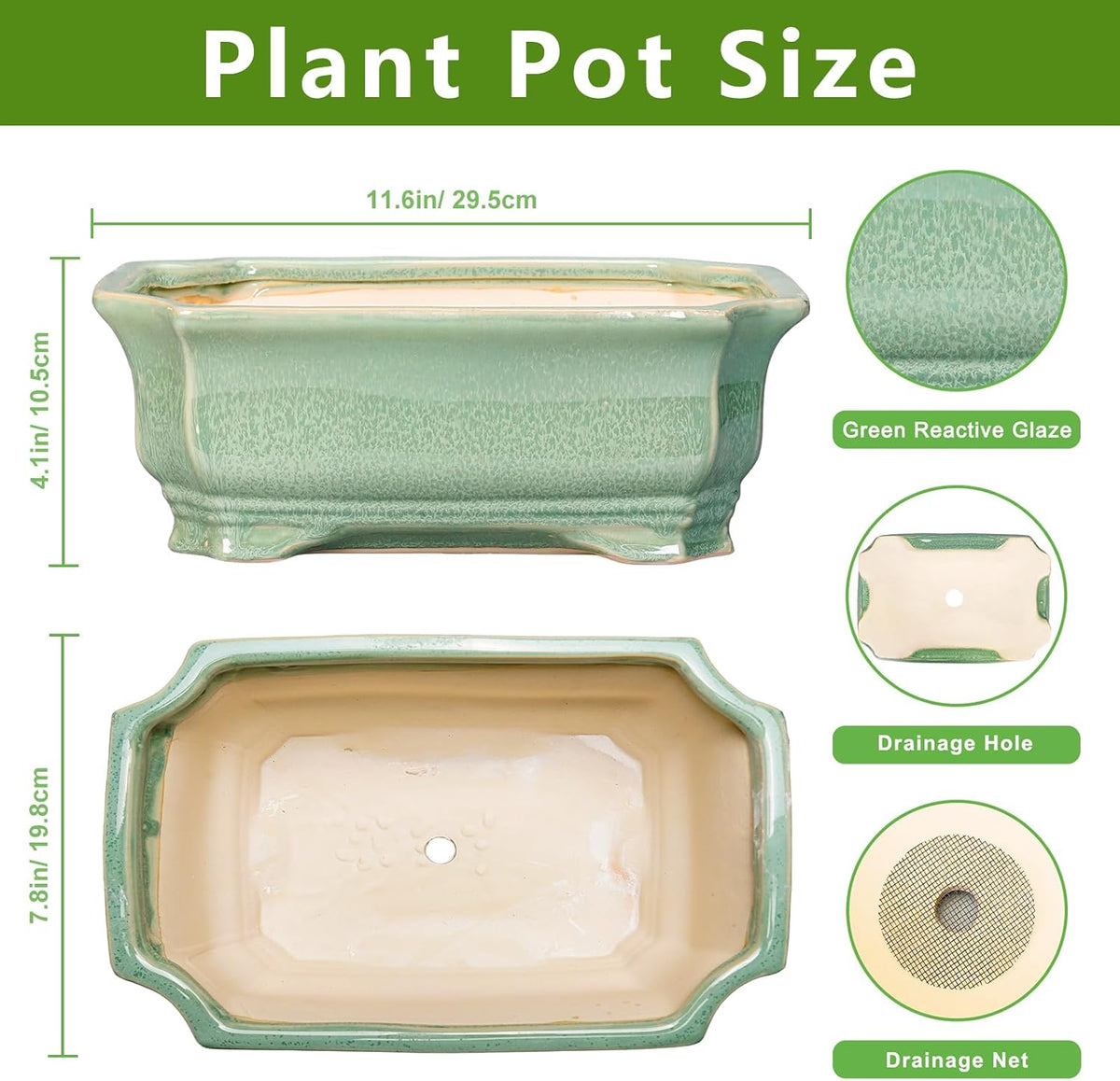 Bonsai Tree Pot 11.6 Inch - Ceramic Succulent Pots, Bonsai Planter for Indoor Outdoor, Decorative Plant Pot with Drainage Hole, Rectangular Flower Pot, Home Garden Decor, Garden Gifts, Green
