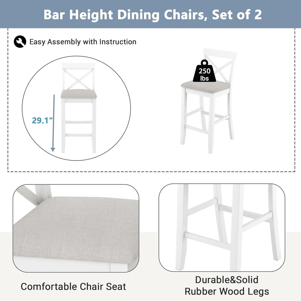 LUMISOL 3 Piece Pub Table and Chair Set, Small Wood Counter Height Bar Table Set for 2, Breakfast Nook Table Set, 3 Piece High Top Dining Table for Kitchen, White + Beige