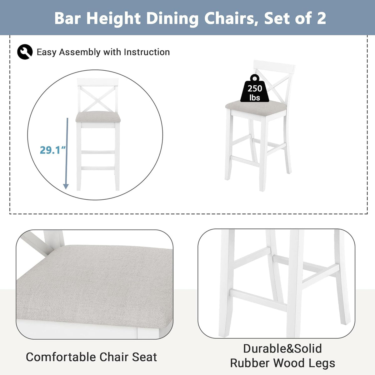LUMISOL 3 Piece Pub Table and Chair Set, Small Wood Counter Height Bar Table Set for 2, Breakfast Nook Table Set, 3 Piece High Top Dining Table for Kitchen, White + Beige