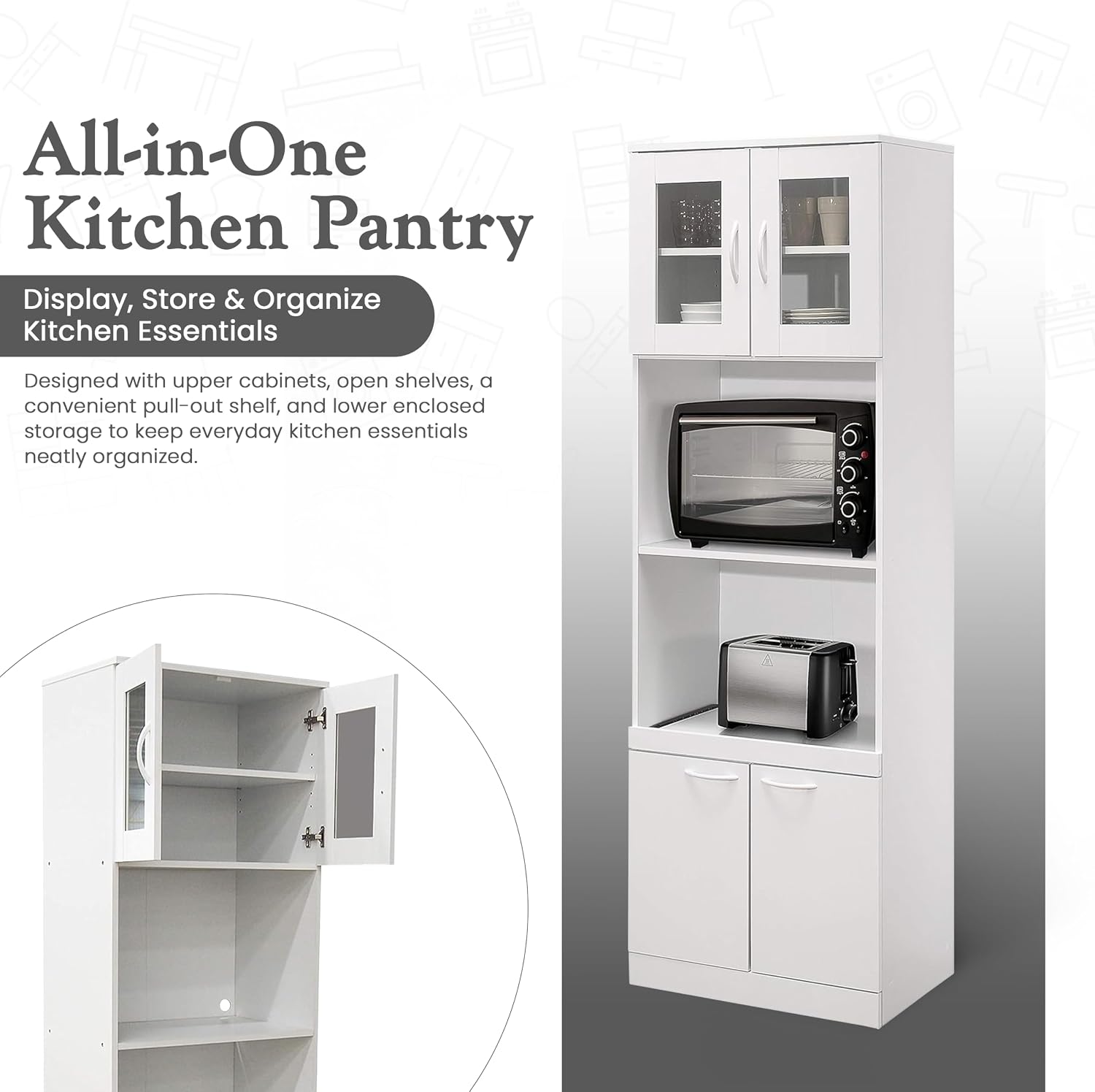 Kings Brand Furniture - Danbury Tall Kitchen Pantry, Microwave Storage Cabinet, White