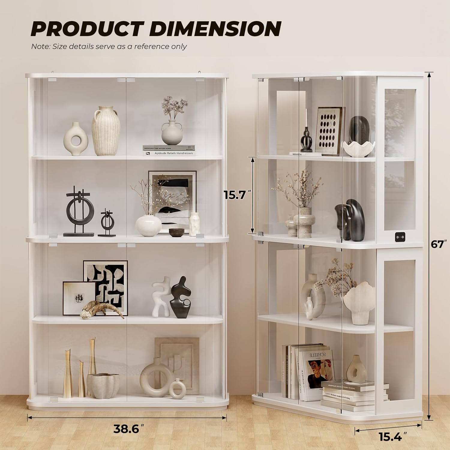 BROTTAR Large Rounded Display Cabinet with Glass Door, 4-Tier Curio Cabinet with 3 Color Lights for Collectibles, Glass Display Case with Transparent Full-Display Surface, Human Body Sensor, White