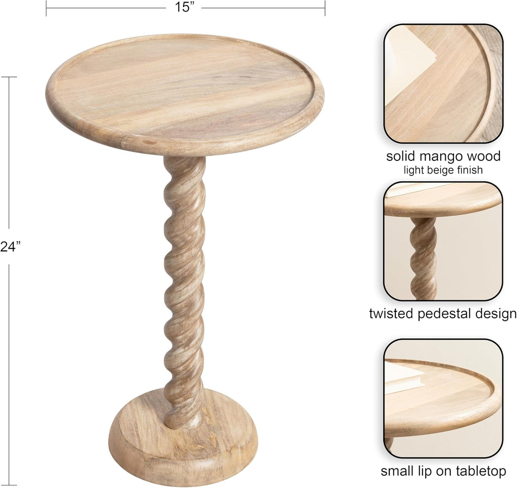 Kate and Laurel Willoughby Modern Wooden Spiraled Round Side Table, 15 x 15 x 24, Light Natural, Accent Pedestal End Table with Turned Base for Use as Indoor Plant Stand or Bedroom Nightstand Option