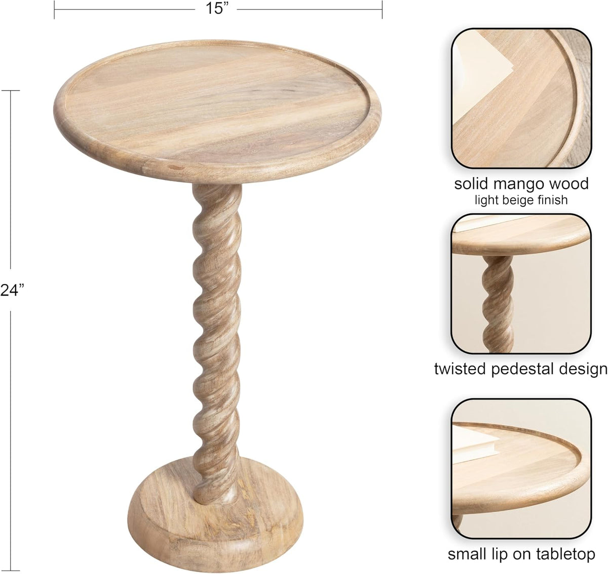 Kate and Laurel Willoughby Modern Wooden Spiraled Round Side Table, 15 x 15 x 24, Light Natural, Accent Pedestal End Table with Turned Base for Use as Indoor Plant Stand or Bedroom Nightstand Option