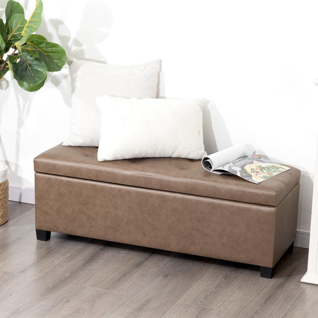 Asense Storage Ottoman Bench,42 inch Wide Upholstered Faux Leather Rectangular Ottoman with Legs,Safety Hinge Storage Bench for Living Room,Bedroom,Entryway