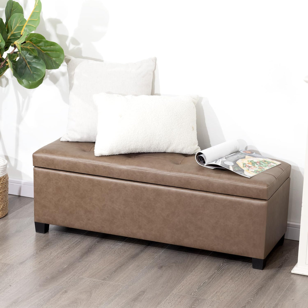 Asense Storage Ottoman Bench,42 inch Wide Upholstered Faux Leather Rectangular Ottoman with Legs,Safety Hinge Storage Bench for Living Room,Bedroom,Entryway