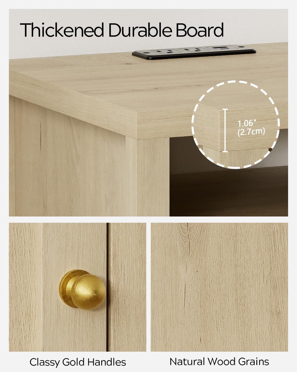 EYYTHUNG Farmhouse End Table with Charging Station Set of 2, Modern Nightstands with Storage and Open Shelf, Bedside Tables for Bedroom, Living Room, Light Oak