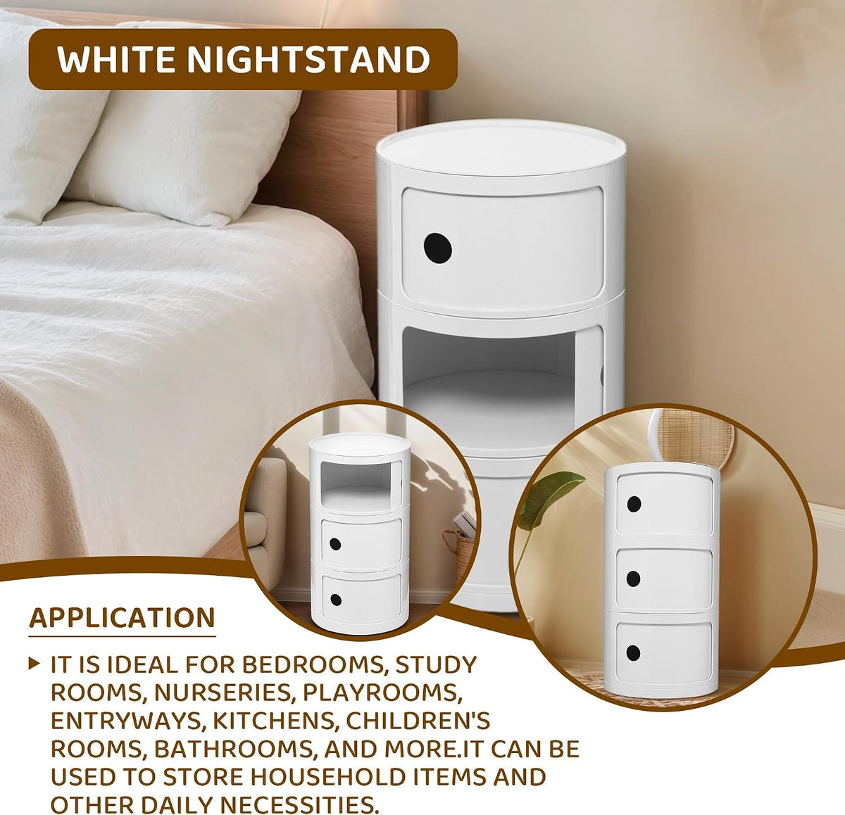 3 Tier Round with Storage, Modern Style Side Table, Multifunctional End Table Storage Cabinet for Living Room, Bedroom, Bathroom (White)