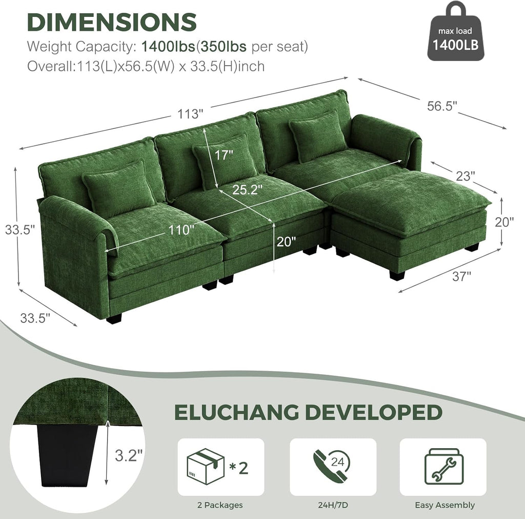 ELUCHANG 113" Oversized Modular Sectional Sofa, Comfy Chenille Cloud Couch, 4-Seater L Shaped Modern Deep Seat Sofa w/Removable Covers for Living Room, Bedroom, DIY Combination - Green