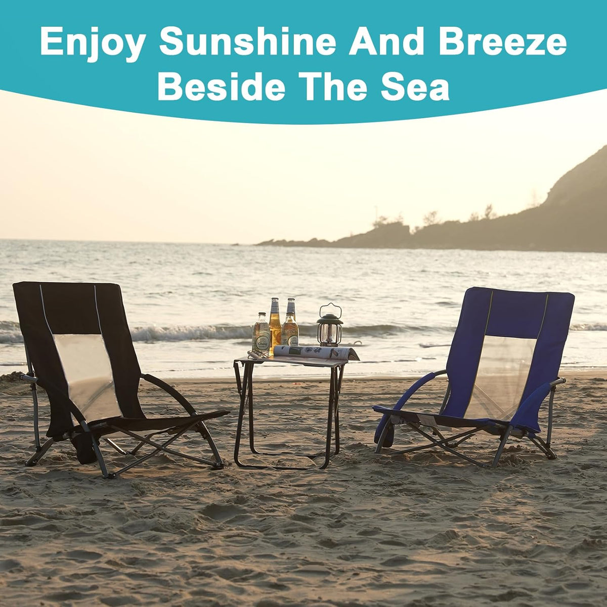 Romswi 2 Pack Lightweight Low Beach Chairs with Breathable Mesh Back,6LBS Folding Portable Sand Chairs with Cup Holder, Heavy Duty 300lbs Capacity for Camping & Outdoor Use,Green