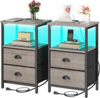 sthmec Nightstand with Charging Station, LED Night Stand Set of 2, Bedside Table End Table with Drawer, Bedroom Tables with 2 Fabric Drawers, 3-Tier Storage Side Table for Bedroom,Grey