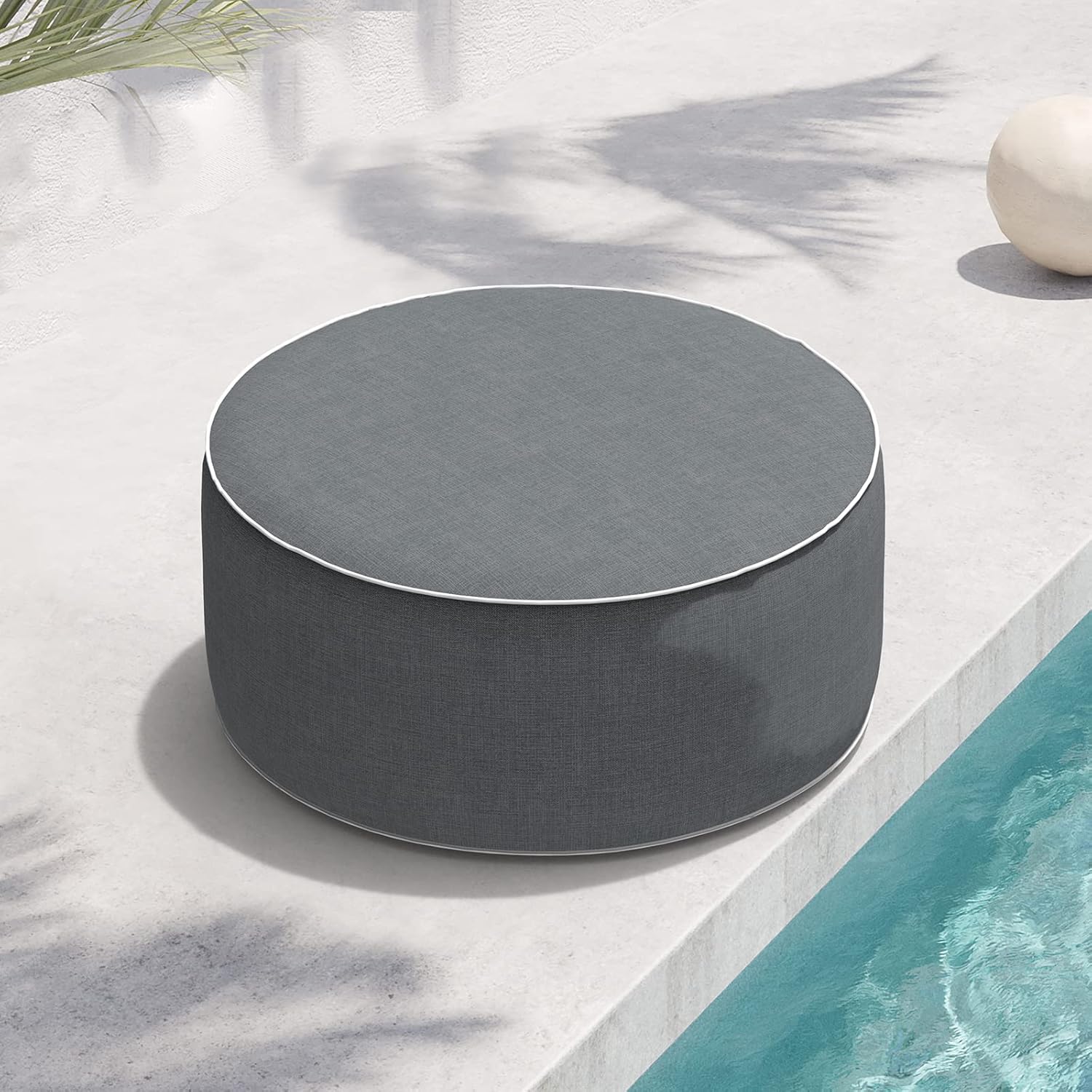 Indoor/Outdoor Inflatable Ottoman D21 x H9 inch, Round Footstool Inflatable Foot Rest Ottoman with Handle, Portable Pouf for Patio, Garden, Camping, Home, Textured Gray