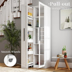 JOYSOURCE Kitchen Hutch Cabinet with 5-Tier Pull-Out Storage Shelves Tall Kitchen Pantry Wine Cabinet Slim Liquor Cabinet with Reeded Glass Door Bottle Dividers & Stemware Rack White