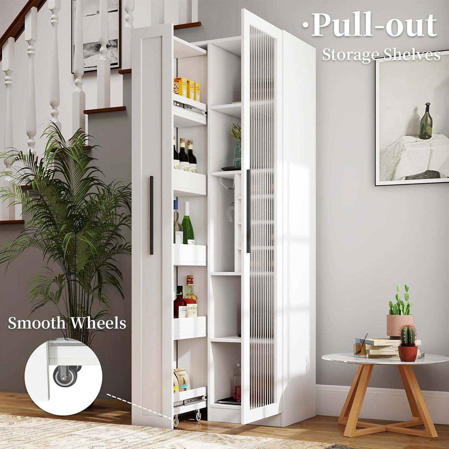 JOYSOURCE Kitchen Hutch Cabinet with 5-Tier Pull-Out Storage Shelves Tall Kitchen Pantry Wine Cabinet Slim Liquor Cabinet with Reeded Glass Door Bottle Dividers & Stemware Rack White