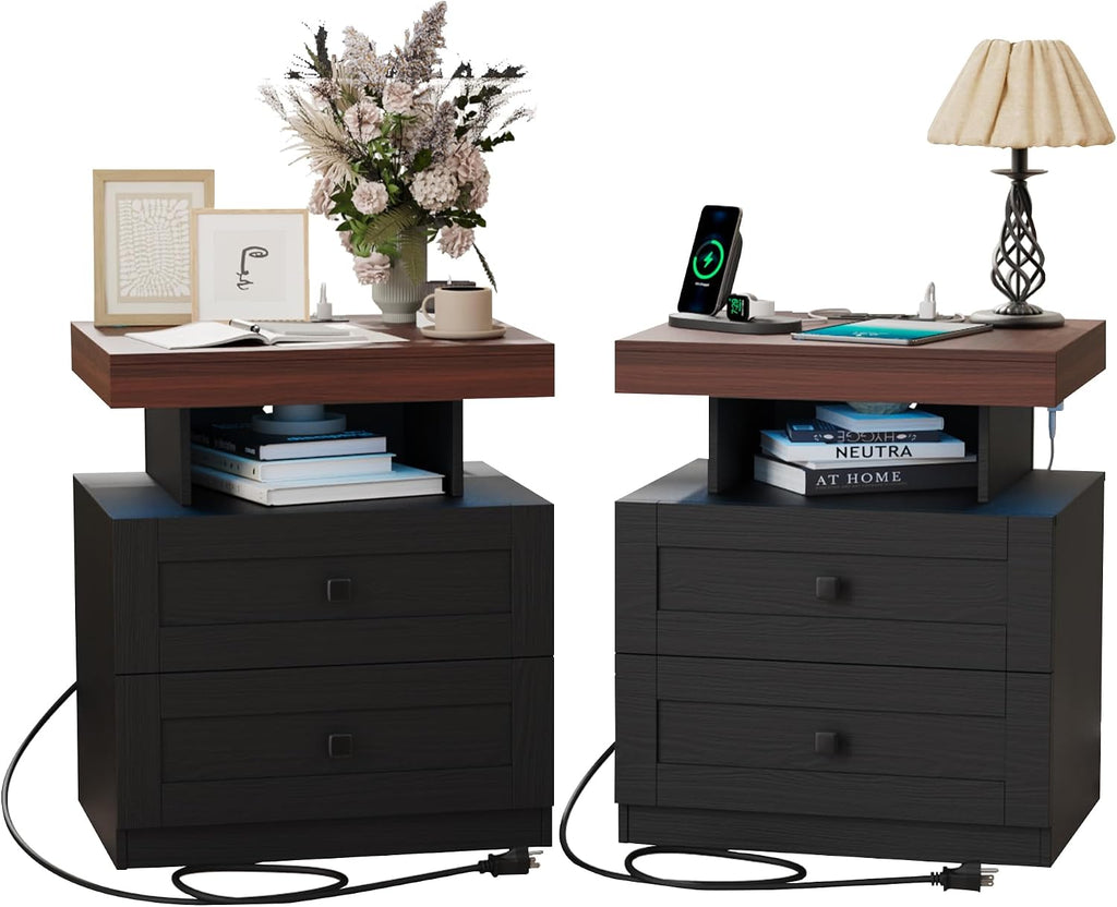 MHOM Farmhouse LED Nightstand Set of 2, Wood Bedroom Side Table with Charging Station, Rustic End Table with Drawers for Bedroom, Antique Black