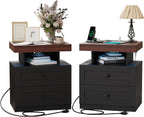 MHOM Farmhouse LED Nightstand Set of 2, Wood Bedroom Side Table with Charging Station, Rustic End Table with Drawers for Bedroom, Antique Black