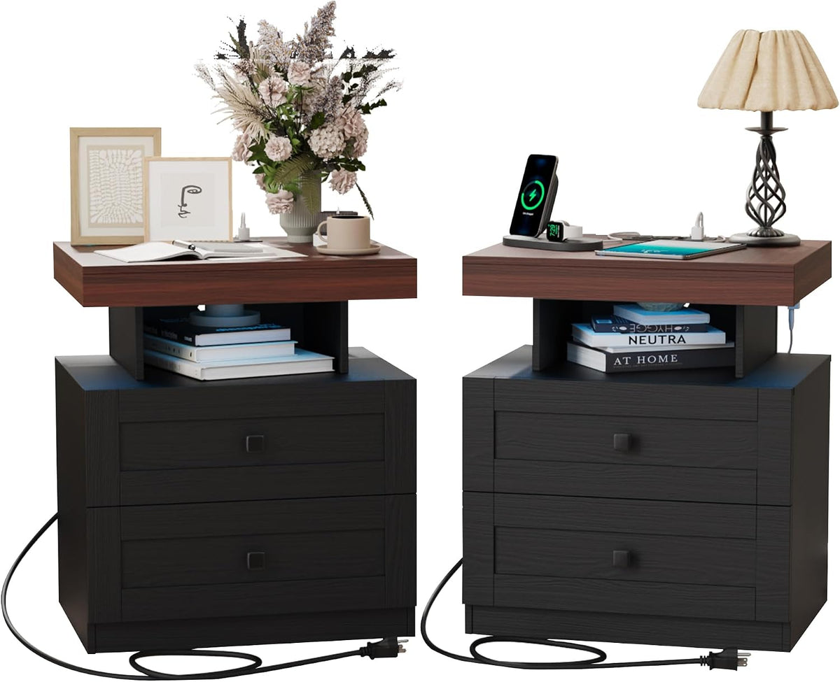 MHOM Farmhouse LED Nightstand Set of 2, Wood Bedroom Side Table with Charging Station, Rustic End Table with Drawers for Bedroom, Antique Black