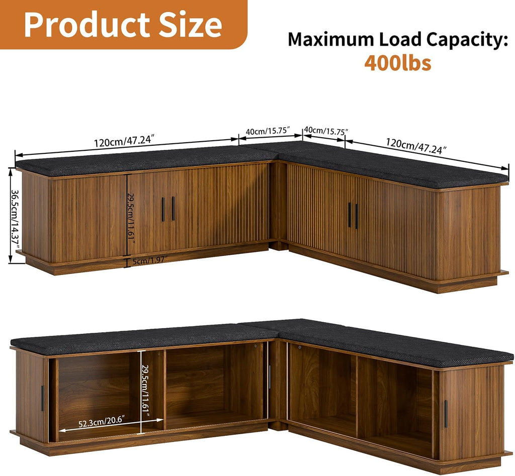 Corner Storage Bench with Hidden Storage, L-Shaped Shoe Bench with Cushion, Space Saving Storage Bench for Entryway, Kitchen, Cloakroom, Dining Room, Walnut