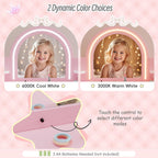 Kids Vanity with Lights, Kids Makeup Vanity with Bookshelf, Enclosed Cabinet and 3-tier Open Shelves, Little Girl Vanity Table Set with Lighted Mirror and Stools, Toddler Vanity for Girls (Pink)