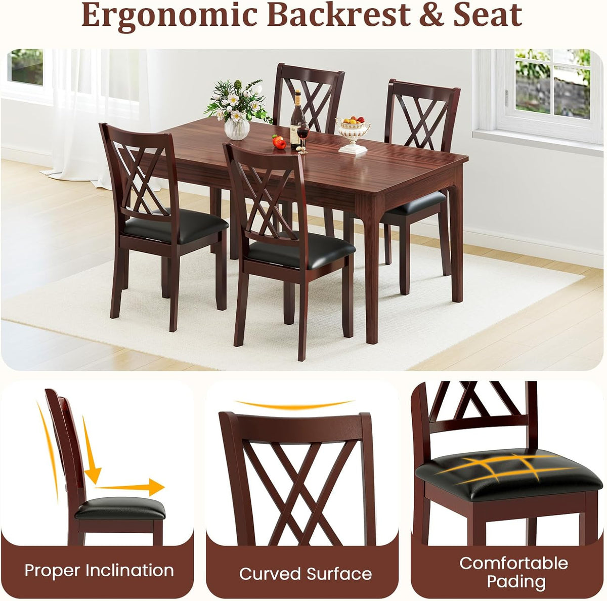 COSTWAY Set of 4 Dining Chairs, Wooden Kitchen Side Chair with PU Leather Padded Seat, Rubber Wood Frame & High Back, Farmhouse Dining Room Chairs for Home & Restaurant, Walnut