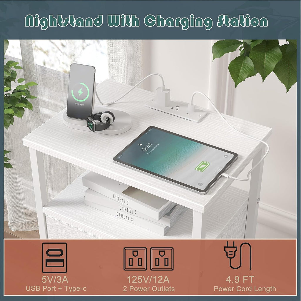 sthmec Nightstand with Charging Station,LED White Nightstand with 3 Fabric Drawers PU Finish, Bedside End Tables, 2-Tier Open Storage Shelf Side Table Nightstand with Drawers for Bedroom,White