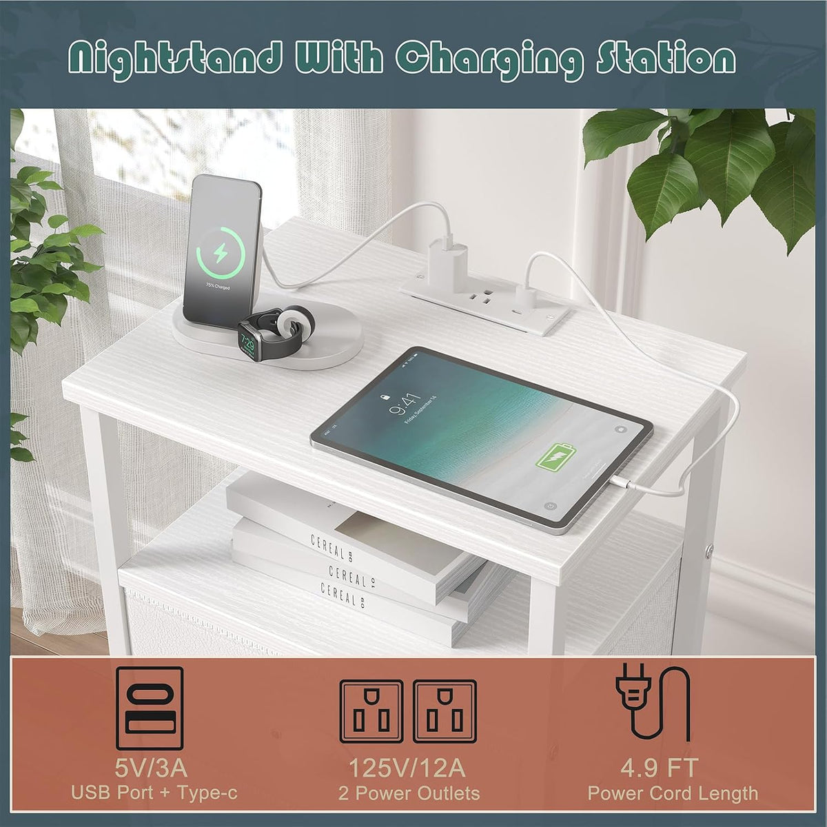sthmec Nightstand with Charging Station,LED White Nightstand with 3 Fabric Drawers PU Finish, Bedside End Tables, 2-Tier Open Storage Shelf Side Table Nightstand with Drawers for Bedroom,White