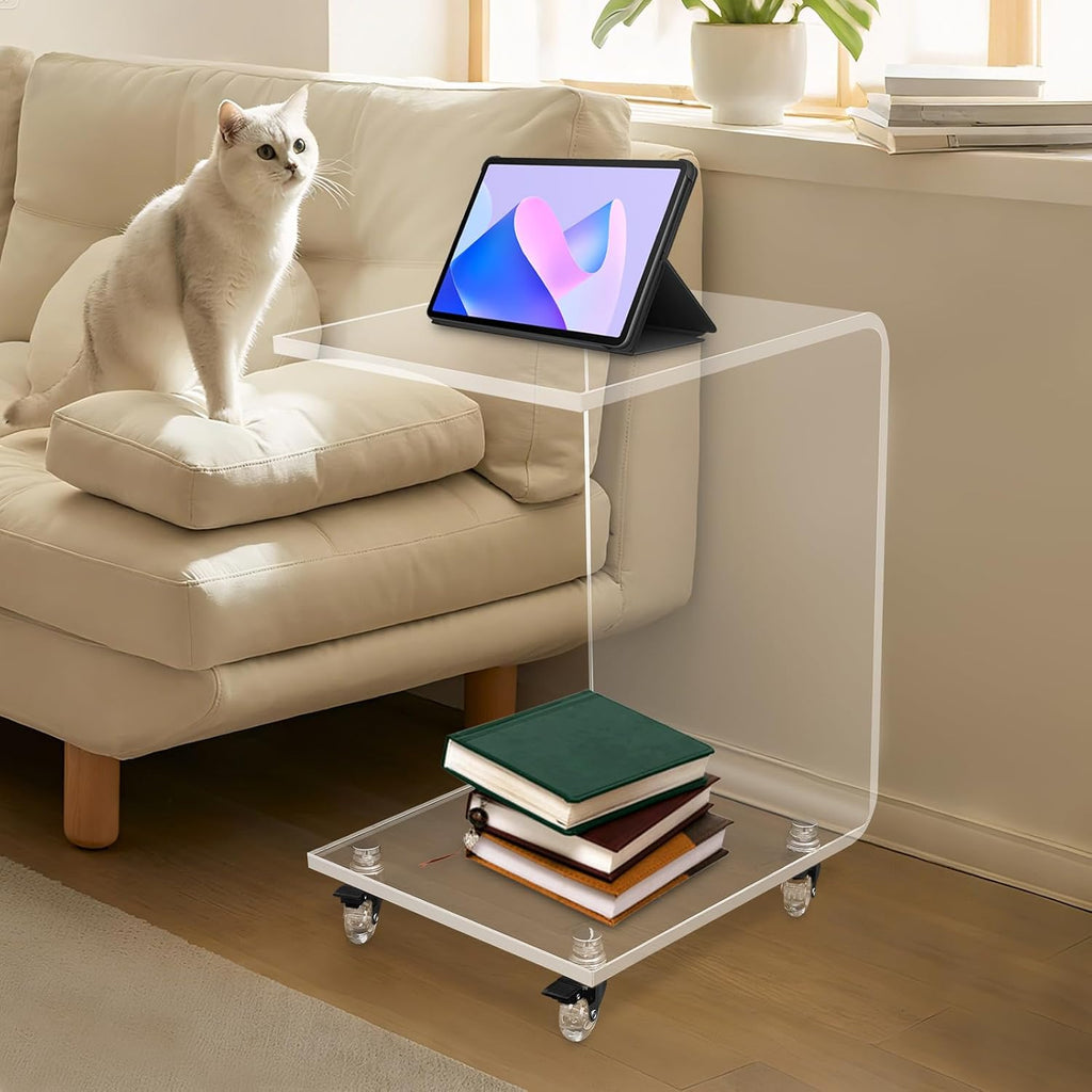 Modern Acrylic Side Table, C-Shaped Sofa Table Nightstand with Storage and Lockable Wheels, Acrylic Sofa Side Table Snack Table On Wheels for Living Room, Bedroom, Office, Bedside, Couch
