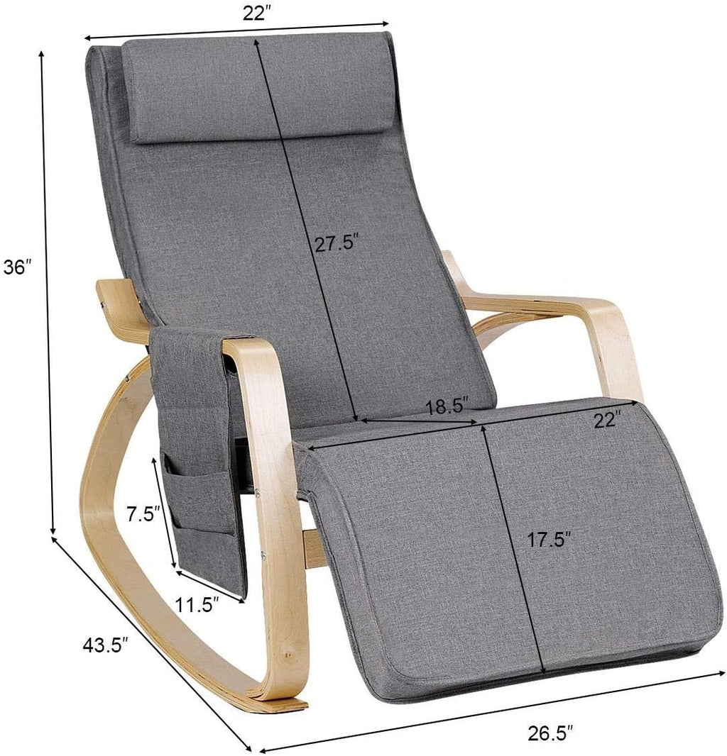 Relax Adjustable Lounge Rocking Chair with Pillow & Pocket Comfortable Armrest Backrest Adjustable Footrest