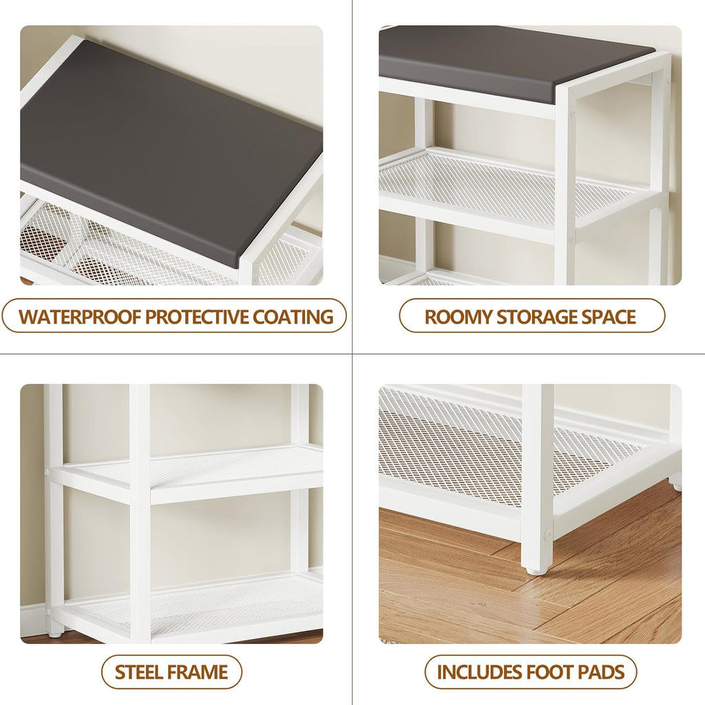 Small Shoe Bench Shoe Rack Storage Bench Entryway Bench Shoe Shelf with Seat Cushion, Stable Shoe Organizer for Entryway, Living Room, Bench Seat Holds Up to 300 lb, (18"L x 12"W x 17"H, White)