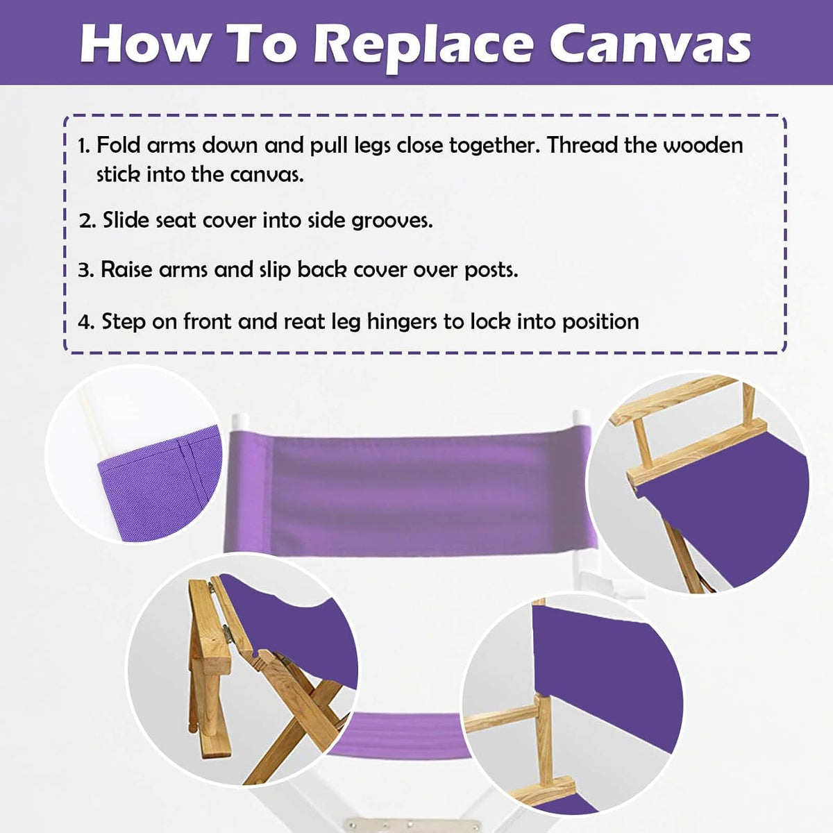 STAY GENT Director's Chair Canvas Replacement Kit 21"L x 8"W - 21"L x 16.5"W Replacement Canvas Durable Cotton Canvas Seat & Back Covers for Makeup, Movie, Show, Outdoor Patio Stools, 1 Set Purple