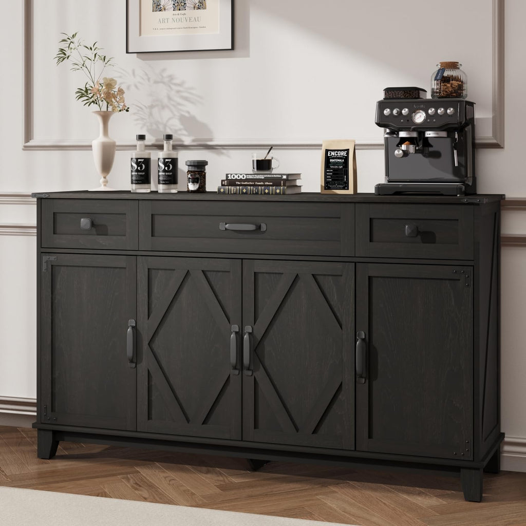 Farmhouse Buffet Cabinet with Drawers, 55" Large Sideboard Kitchen Buffet Storage Cabinet with 3 Adjustable Shelves and Doors Heightened Table Wood Coffee Bar for Kitchen Living Room, Black