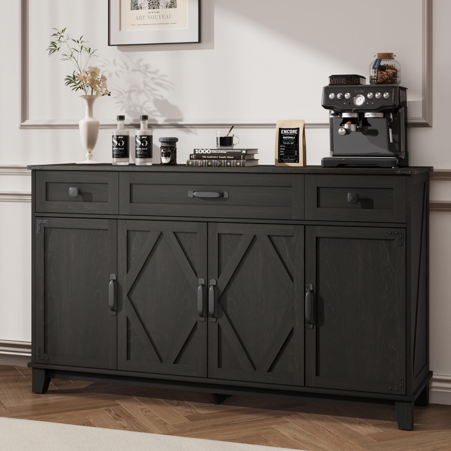 Farmhouse Buffet Cabinet with Drawers, 55" Large Sideboard Kitchen Buffet Storage Cabinet with 3 Adjustable Shelves and Doors Heightened Table Wood Coffee Bar for Kitchen Living Room, Black