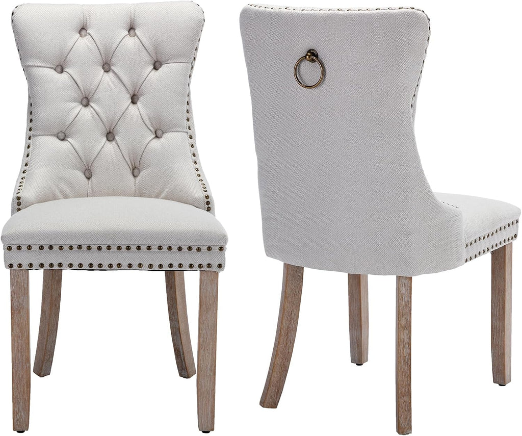 Linen Upholstered Dining Chairs Set of 2, Beige Mid Century Modern Dining Chairs, Kitchen & Dining Room Chairs with Wood Legs, Sillas de Comedor (Beige, 2 Pcs)