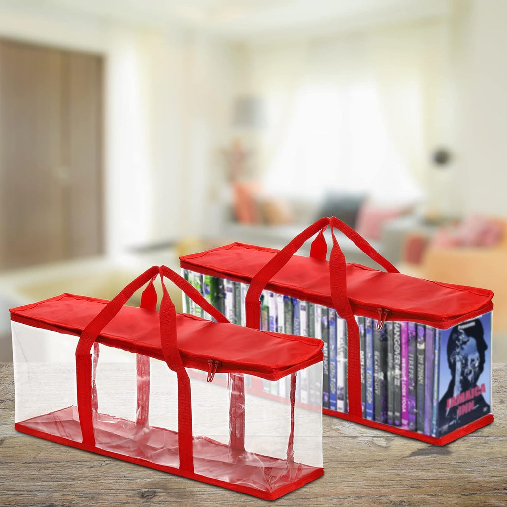 Fasmov 6 Pack DVD Storage Bags Hold up to 240 DVDs (40 Each Bag), Water Resistant DVD Holder Case with Handles, Transparent PVC Media Storage for DVDs, CDs, Video Games, Books, Red