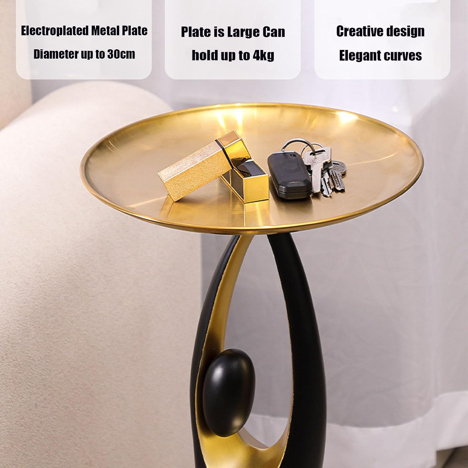 Modern Side Table with Metal Top,Resin End Table with Art Base,Round Bedside Table Coffee Table, Minimalist Accent Table,Small Space Drinking Table for Living Room Bedroom