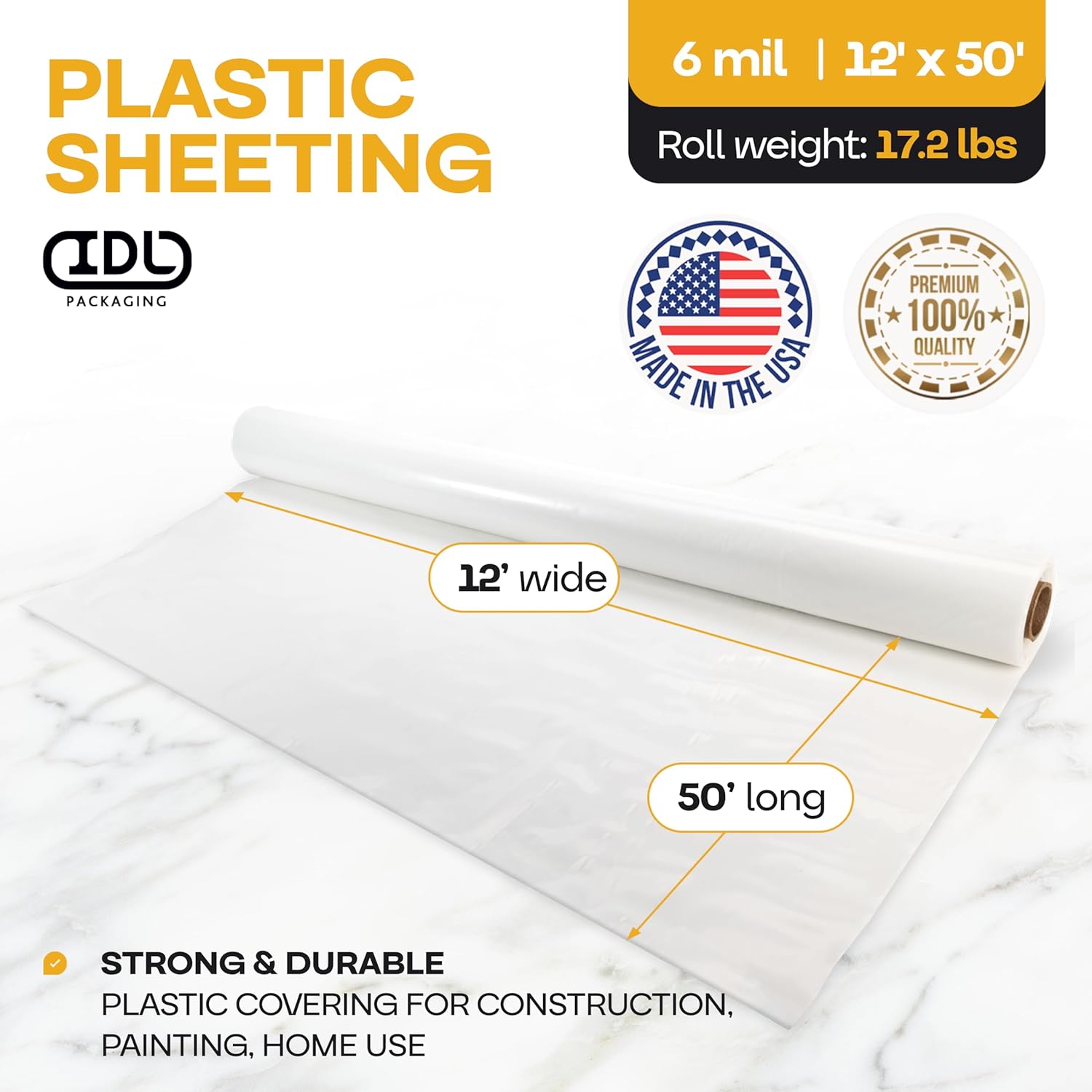 Plastic Sheeting 6 mil, 12' x 50' (600 sq. ft.) - Thick Semi-Clear LDPE Plastic Sheeting Heavy Duty for Construction and Painting - Vapor Barrier Plastic Sheeting - Roll of Plastic by IDL Packaging