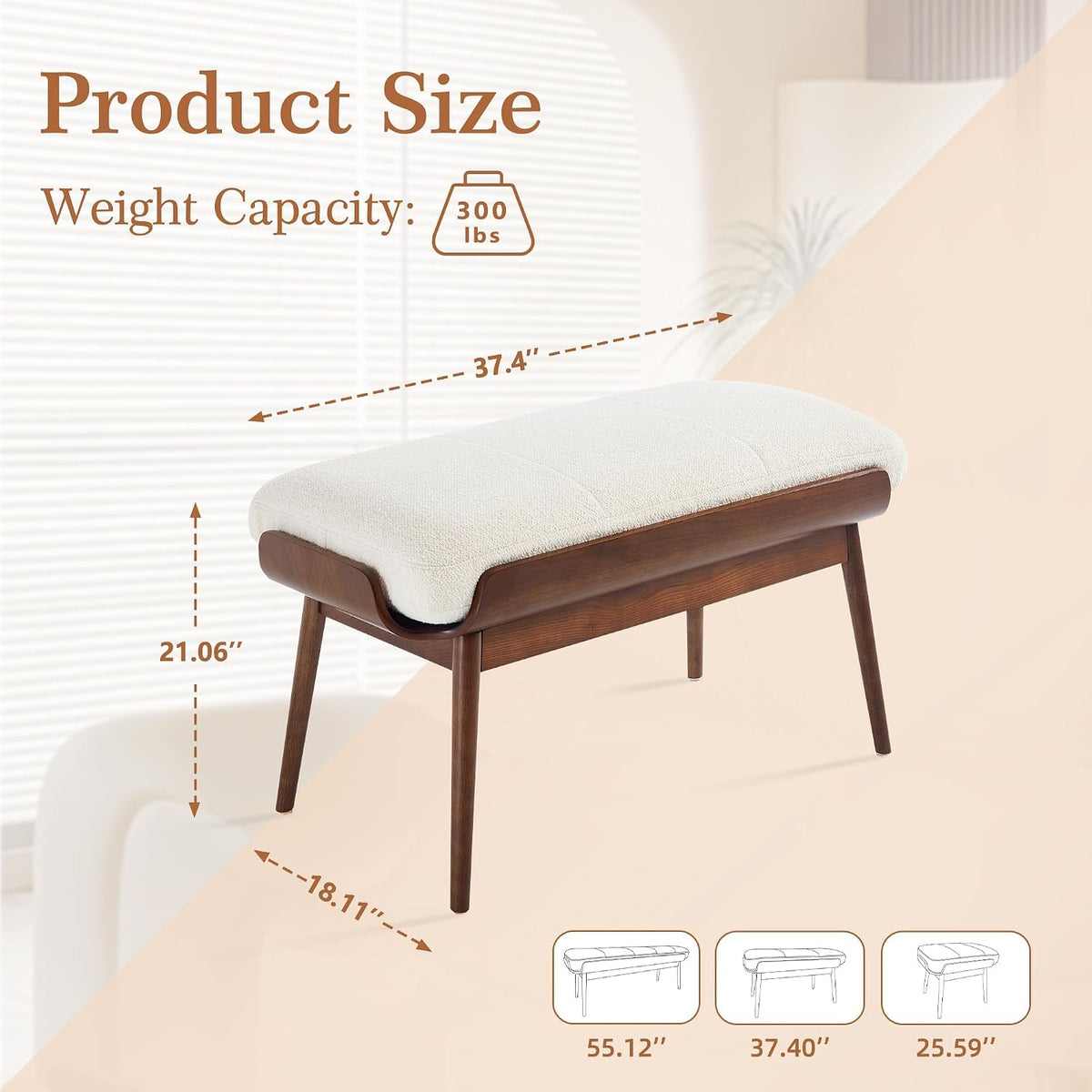 BFZ 37.4" Bedroom Bench End of Bed Bench, Dining Bench with Padded Seat and Walnut Wood Frame, Upholstered Fabric Window Ottoman Bench for Entryway Hallway, Living Room