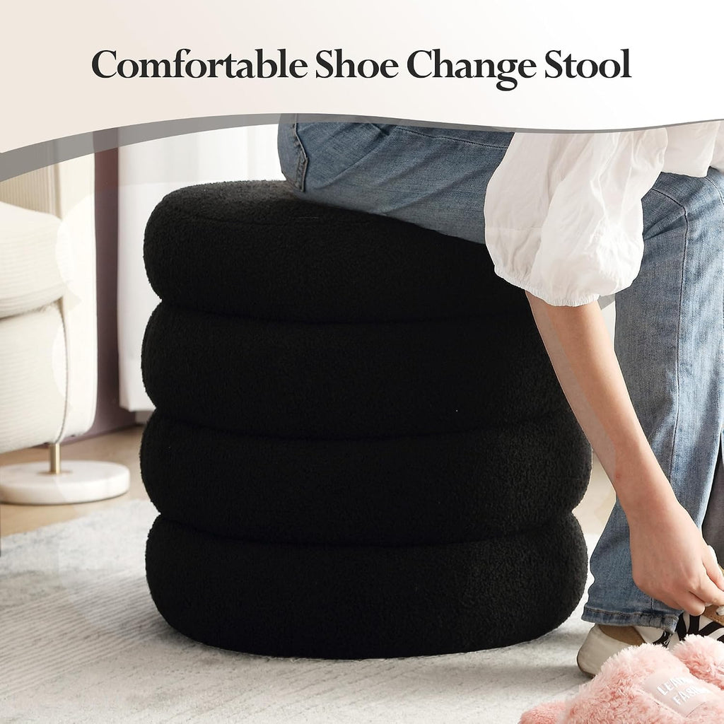 19.5 Inch Round Storage Ottoman, Modern Sherpa Ottoman Coffee Table with Removable Top, Black Vanity Stool with Storage for Bedroom, Living Room, Dorm, Set of 2
